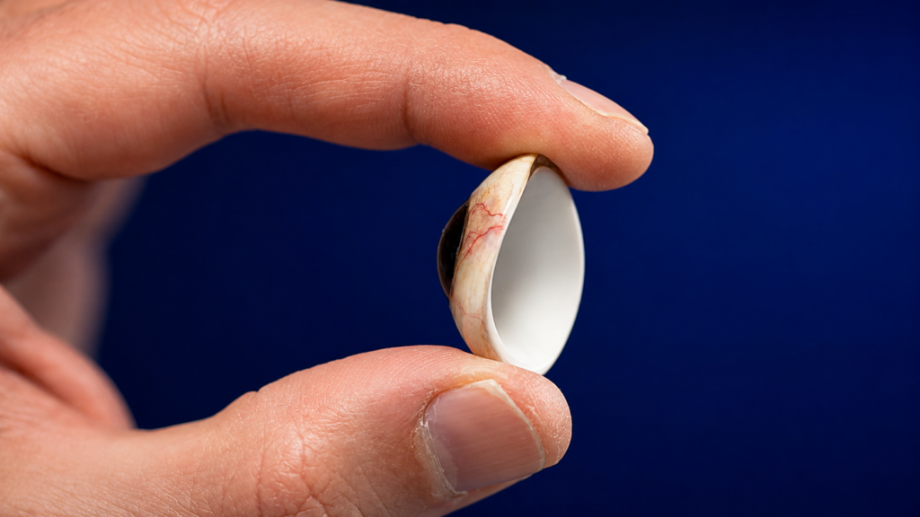 side profile prosthetic eye in fingers