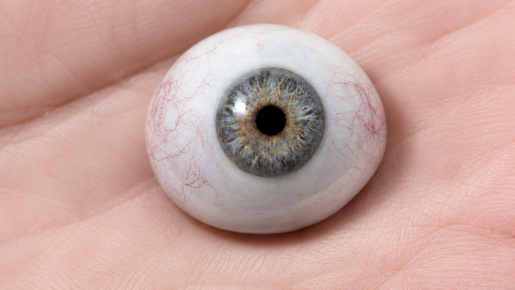 clean prosthetic eye in palm of hand close on iris detail